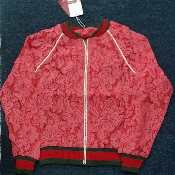 Pinkish Red Lace Jacket W/d Green & Red Stripes - Picture 2 of 3